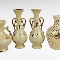 Vintage Yellow Ceramic Bud Vases - Art Deco Trio & MCM Pitcher Vase - Gold Accents