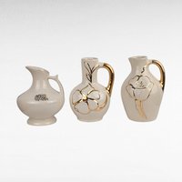 Vintage Cream Ceramic Bud Vase Trio - MCM Pitcher Vases with Gold Trim & Flowers