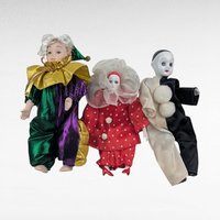 Vintage Porcelain Clown Dolls, Set of 3, Small Harlequin Dolls, Pierrot Clown, Sad Clown, Collectible Dolls, Circus Decor