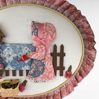 Vintage Quilted Wall Hanging | Girl in Garden Scene | Handmade Wall Decor | Country Home Decor