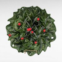Vintage 1973 Atlantic Mold Holly Berry Christmas Plate, Ceramic Holly Plate, Hand-Painted Holiday Decor, Signed "Sue '73"
