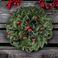 Vintage 1973 Atlantic Mold Holly Berry Christmas Plate, Ceramic Holly Plate, Hand-Painted Holiday Decor, Signed "Sue '73"