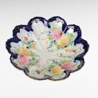 Vintage Hand-Painted Porcelain Bowl, Scalloped Floral Bowl, Cobalt Blue and Gold Trim, Decorative Bowl, Candy Dish