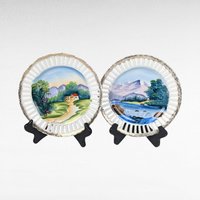 Pair of Kimiko Hand-Painted Reticulated Plates | Landscape Scenes | 7 Inch | Vintage Decor