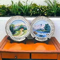 Pair of Kimiko Hand-Painted Reticulated Plates | Landscape Scenes | 7 Inch | Vintage Decor