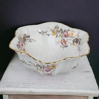 Vintage German Porcelain Serving Bowl, Floral Design, Gold Rim, 8 Inches Wide, White with Pink and Yellow Roses