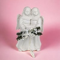 Vintage 1997 Growth Singing Angels Bisque Porcelain Taper Candle Holder - 9 Inches