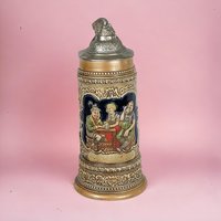 Vintage Ceramarte Brazil Lidded Ceramic Stein, Tavern Scene, 10 Inches - Collectible