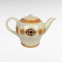 Vintage Porcelier Teapot | Brown Medallion & Sunflower Design | Cream Ceramic with Orange Accents |  Collectible Teapot