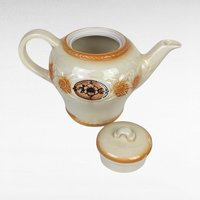 Vintage Porcelier Teapot | Brown Medallion & Sunflower Design | Cream Ceramic with Orange Accents |  Collectible Teapot