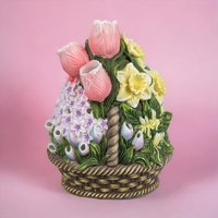 PartyLite Floral Basket Candle Holder | Retired | Ceramic Flower Basket | Tulips, Daffodils, Hyacinth | Spring Decor