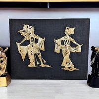 Vintage Asian Straw Art, Man and Woman Dancing,  Wall Decor, Boho Decor, Handmade Art, 11.5 x 15 Inches, Unframed