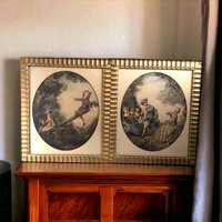 Pair of 1940s Framed Nicolas Lancret Prints, Rococo Art, "The Seesaw" & "Dropping the Hankie," Vintage Wall Decor, French Art Prints