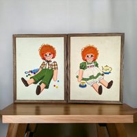 Vintage Carrot Top Boy and Girl Needlepoint, Framed Needlepoint Wall Art, Children's Decor, Nursery Decor, 19x15 Inches