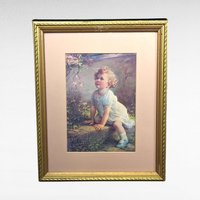 1930s Framed Prints Little Girls, "Song of the Bluebird" & "Song of the Lark," Vintage Children's Wall Art