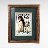Vintage Signed Maija "Silent Partners" Framed Print, Native American Art, Wolf, Wall Decor, Collectible, 12x9.75 Inches