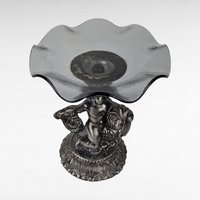 Vintage Cast Pewter Pedestal Dish, Cherub and Koi Fish, Glass Candy Dish, Trinket Dish, Unique Home Decor