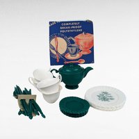 Vintage Polyethylene Child's Tea Set, Green and White, 1950s Play Dishes, Unbreakable, Retro Toy