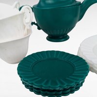 Vintage Polyethylene Child's Tea Set, Green and White, 1950s Play Dishes, Unbreakable, Retro Toy