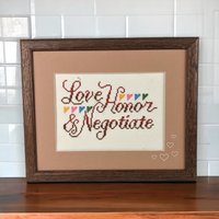 Vintage Framed Cross Stitch "Love, Honor, & Negotiate" | Funny Cross Stitch | Wedding Gift | Anniversary Gift | Home Decor