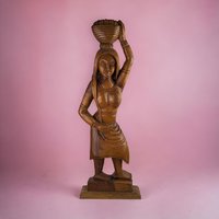 Vintage Hand-Carved Wooden Woman with Bowl Sculpture - 24"  African Art - Tribal Art - Wood Statue