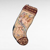 Vintage Needlepoint Christmas Stocking, "I Believe in Angels" Cherub Design, 18.5" Handmade Stocking