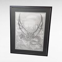 Vintage Dan Thompson Signed Fantasy Art Print, Dragon and Castle Scene, Framed, 30 x 24.25 Inches