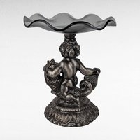 Vintage Cast Pewter Pedestal Dish, Cherub and Koi Fish, Glass Candy Dish, Trinket Dish, Unique Home Decor