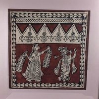 Vintage Framed Painting | Indian Folk Art | Tribal Art | Textile Art | Wall Decor | Dancing Figures | 15.5"
