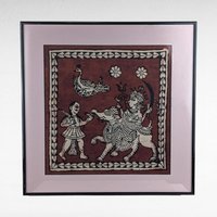 Vintage Framed Painting | Indian Folk Art | Hindu Deities | Textile Art | Wall Decor | Elephant & Peacock | 15.5"