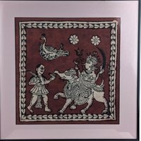 Vintage Framed Painting | Indian Folk Art | Hindu Deities | Textile Art | Wall Decor | Elephant & Peacock | 15.5"