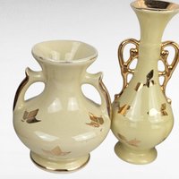 Vintage Yellow Ceramic Bud Vases - Art Deco Trio & MCM Pitcher Vase - Gold Accents