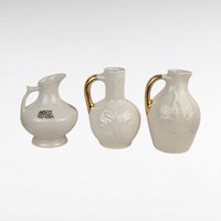 Vintage Cream Ceramic Bud Vase Trio - MCM Pitcher Vases with Gold Trim & Flowers