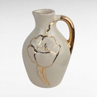 Vintage Cream Ceramic Bud Vase Trio - MCM Pitcher Vases with Gold Trim & Flowers