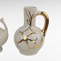 Vintage Cream Ceramic Bud Vase Trio - MCM Pitcher Vases with Gold Trim & Flowers