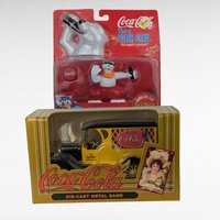 Vintage Coca Cola Polar Bear Snowboard Toy & 1993 Die-Cast Metal Truck Bank, New in Box, Collectible Coca Cola Memorabilia