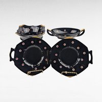 Vintage Imperial Glass Black and Gold Bowl Set with Daisy Design, Handled Bowls and Plates, Elegant Tableware, Gift for Hostess, Collector