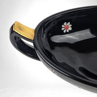 Vintage Imperial Glass Black and Gold Bowl Set with Daisy Design, Handled Bowls and Plates, Elegant Tableware, Gift for Hostess, Collector