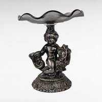 Vintage Cast Pewter Pedestal Dish, Cherub and Koi Fish, Glass Candy Dish, Trinket Dish, Unique Home Decor