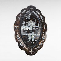 Vintage Black Lacquer Asian Shell Inlaid Wall Hanging, 23.5x16", Mother of Pearl Art, Oriental Decor, Gift for Asian Art Lovers