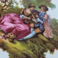 Vintage Limoges Porcelain Lidded Bowl | Fragonard Artisanal | 22k Gold Trim | Victorian Couple | Trinket Box | Gift for Her