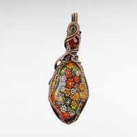Copper Wire Wrapped Millefiori Pendant | Handmade Glass Jewelry | 2.5" Height | Red Bead Accent | Unique Gift | No Chain