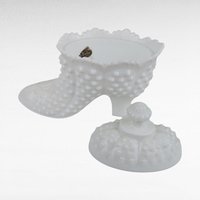 Vintage Fenton Hobnail Milk Glass Boot - Covered Candy Dish - Trinket Box -  Collectible Glassware -  Victorian Style Decor