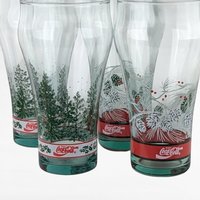 Set of 4 Coca-Cola Christmas Glasses - Pine Cone and Tree Design - Vintage Holiday Decor - Collectible Coke Glasses