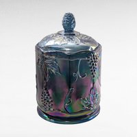 Vintage Indiana Glass Harvest Grape Carnival Glass Lidded Candy Dish, Iridescent Blue Glass,  Collectible Glassware