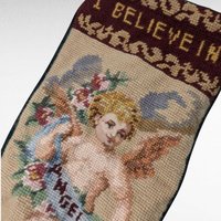 Vintage Needlepoint Christmas Stocking, "I Believe in Angels" Cherub Design, 18.5" Handmade Stocking