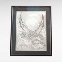 Vintage Dan Thompson Signed Fantasy Art Print, Dragon and Castle Scene, Framed, 30 x 24.25 Inches
