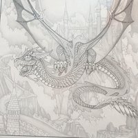 Vintage Dan Thompson Signed Fantasy Art Print, Dragon and Castle Scene, Framed, 30 x 24.25 Inches