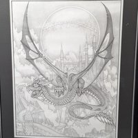 Vintage Dan Thompson Signed Fantasy Art Print, Dragon and Castle Scene, Framed, 30 x 24.25 Inches
