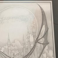 Vintage Dan Thompson Signed Fantasy Art Print, Dragon and Castle Scene, Framed, 30 x 24.25 Inches